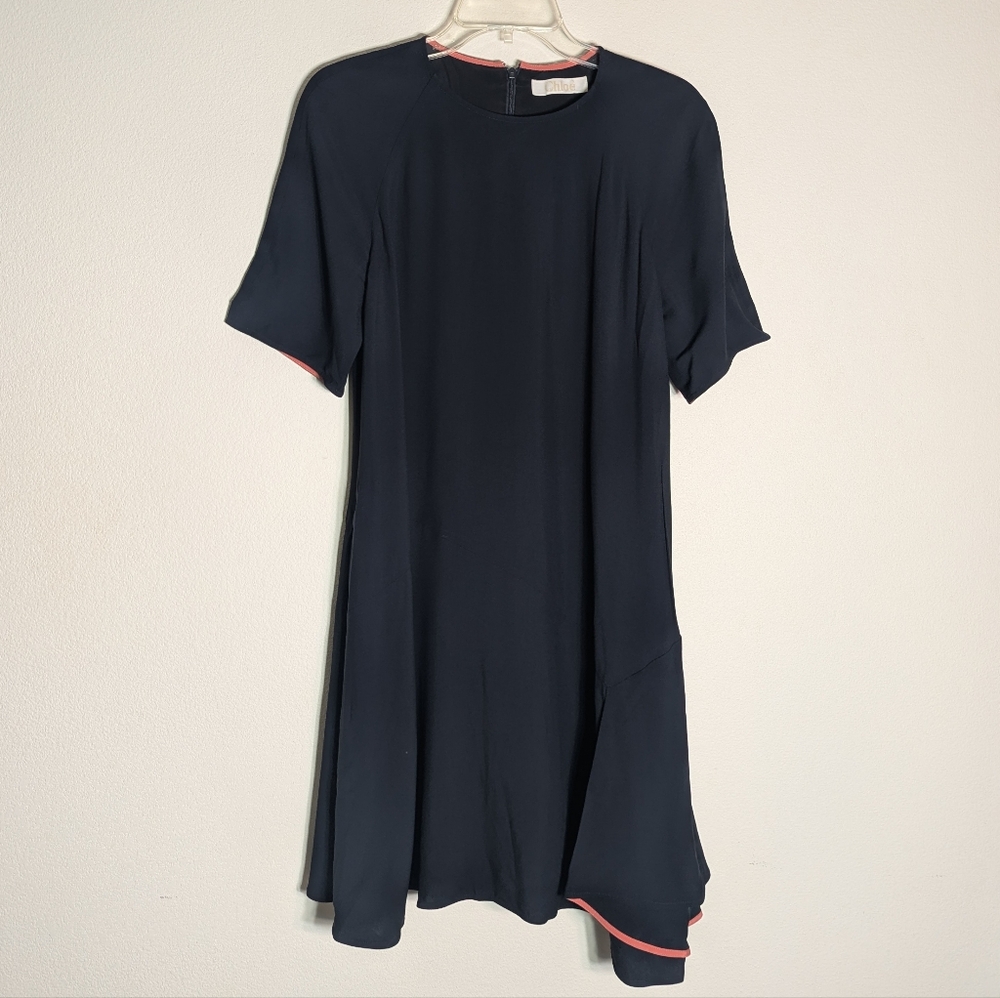 Chloe Women's Dress Ruffle Flounce Navy Blue Peach Size‎ 38 Medium